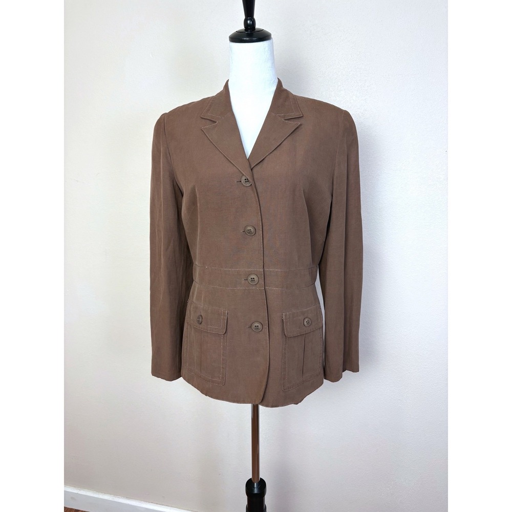 Y2K Vintage Brown Silk & Linen Blazer Jacket Size 8 Business Casual Office‎ - Picture 2 of 6